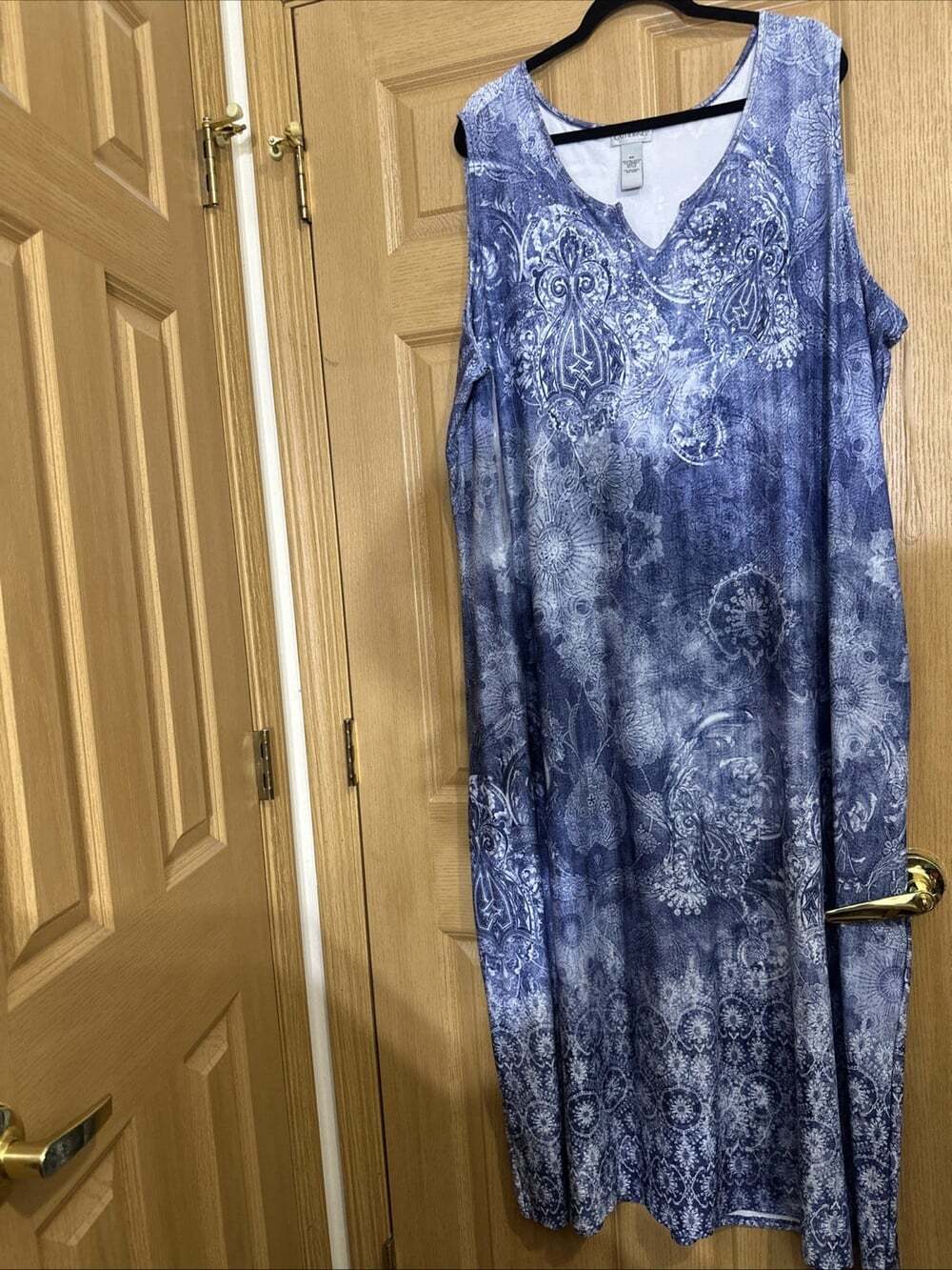 Catherines Womens 4X Blue Paisley Print Sleeveless Maxi Dress Rhinestone
